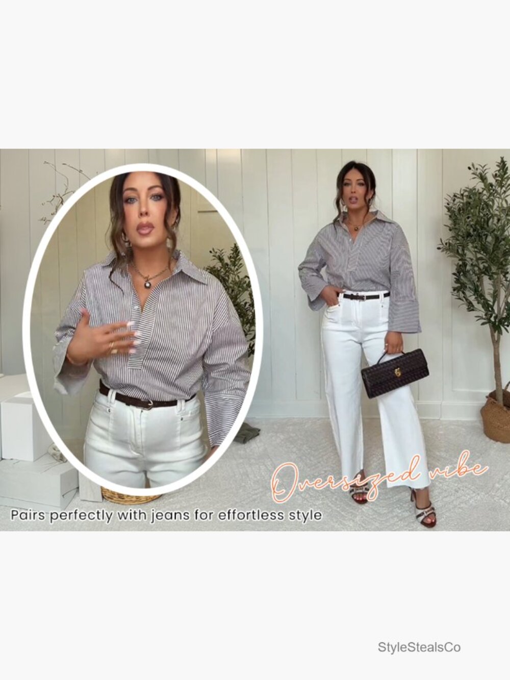 Oversized Striped Button Down Shirt Henley Long Sleeve Collared Office Blouse - Picture 7 of 7